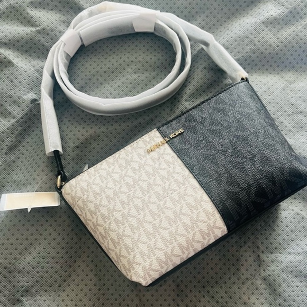 Michael Kors MK Black White Crossbody Bag New Logo Purse Gold Print NWT Two Tone